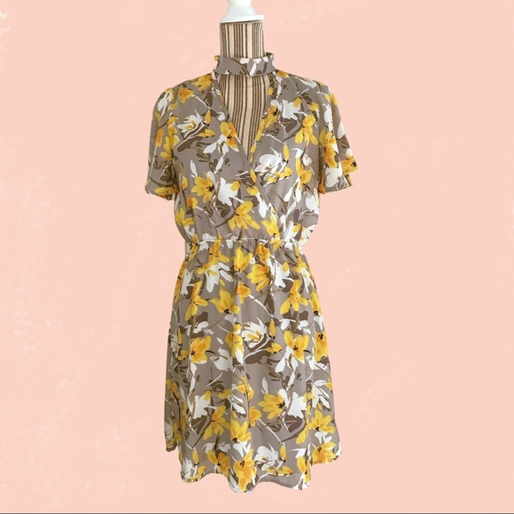 Floral Choker Collar Surplice V Elastic Waist Day Dress Peach Love S Grey Yellow - Picture 4 of 16